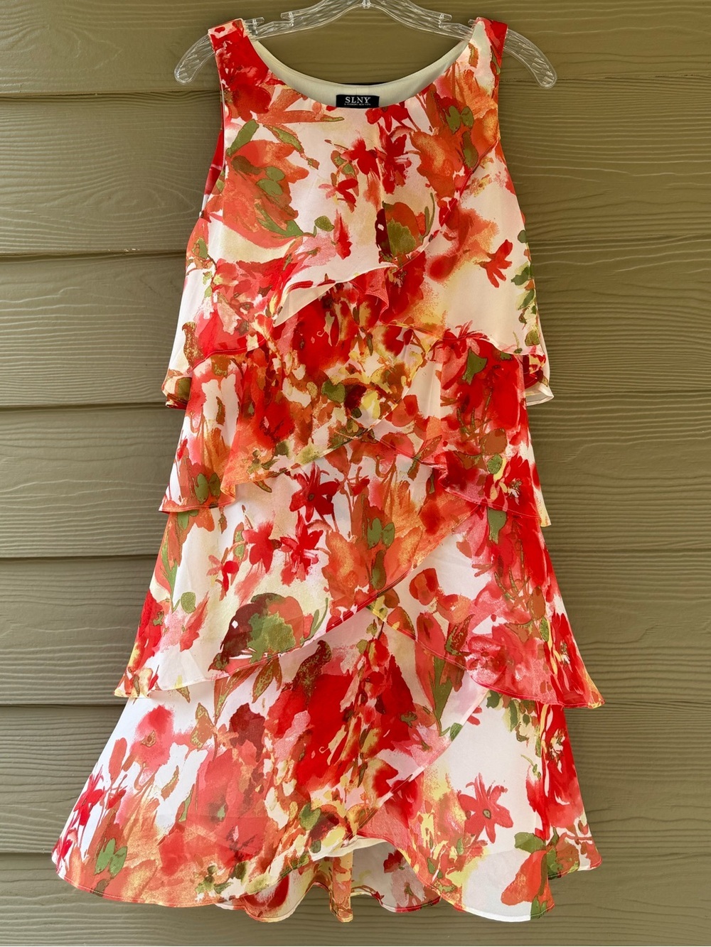 SLNY Red Orange Floral S.L. Fashions Layered Sleeveless Sundress Size 8